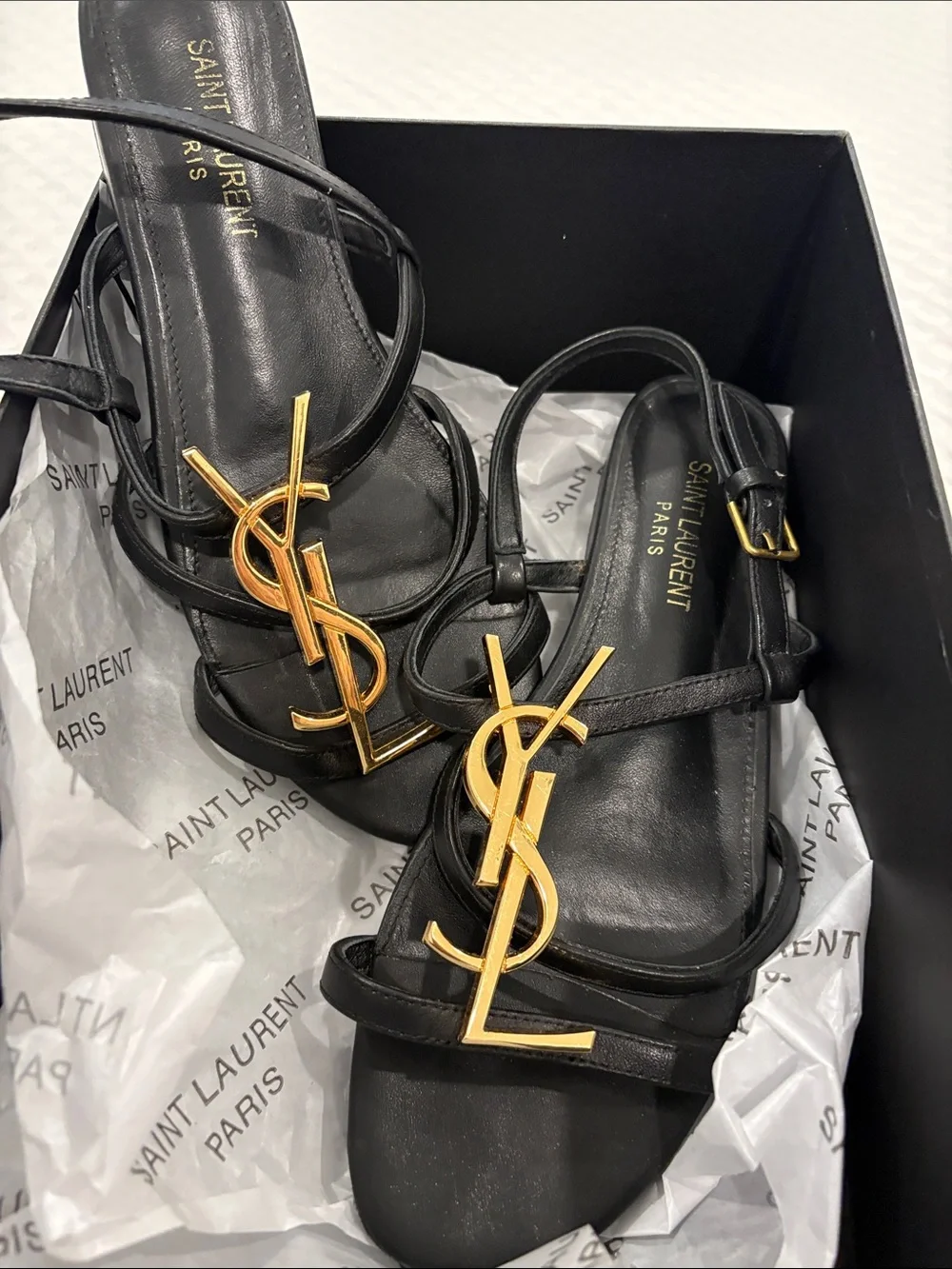 Saint Laurent Black Leather Strap Sandals with Gold YSL Logo - Picture 2 of 7